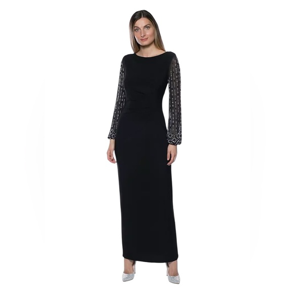 Marina Long Sleeves Beaded Elegant Black Evening Gown - Picture 1 of 5